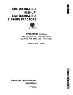 John Deere 8430 and 8630 Tractor Operator manual OMR67838 — actual manual cover