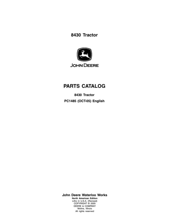 John Deere 8430 Tractor Parts catalog PC1485 — actual manual cover