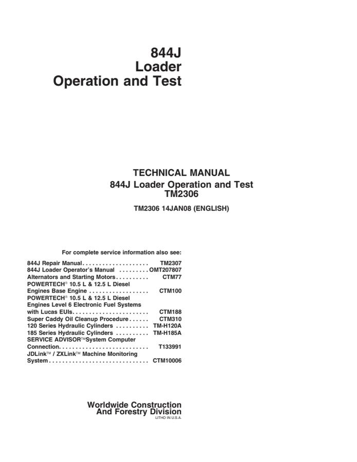 John Deere 844J Loader Operation and test manual TM2306 — actual manual cover