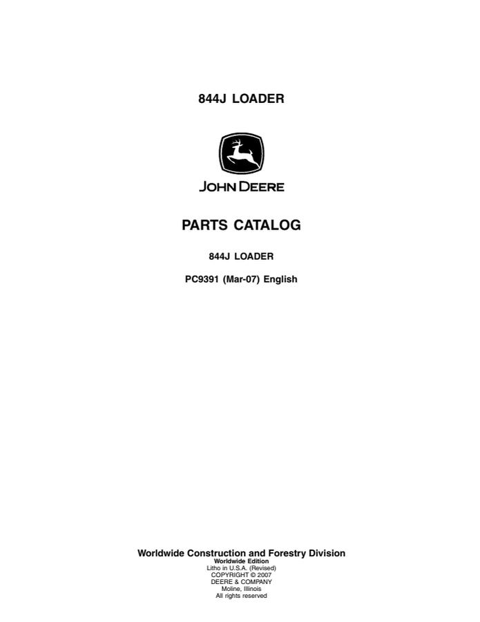 John Deere 844J Loader Parts catalog PC9391 — actual manual cover