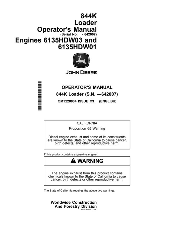 John Deere 844K Loader Operator manual OMT228004 — actual manual cover