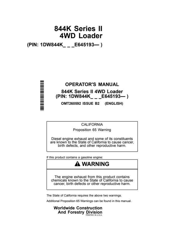 John Deere 844K Series II Loader Operator manual OMT260592 — actual manual cover