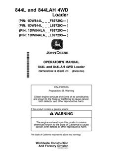 John Deere 844L and 844LAH Loader Operator manual OMT426199X19 — actual manual cover