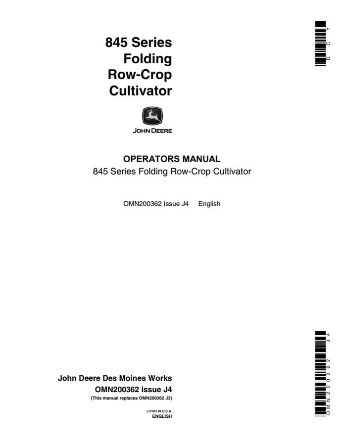 John Deere 845 Series folding Cultivator Operator manual OMN200362 — actual manual cover
