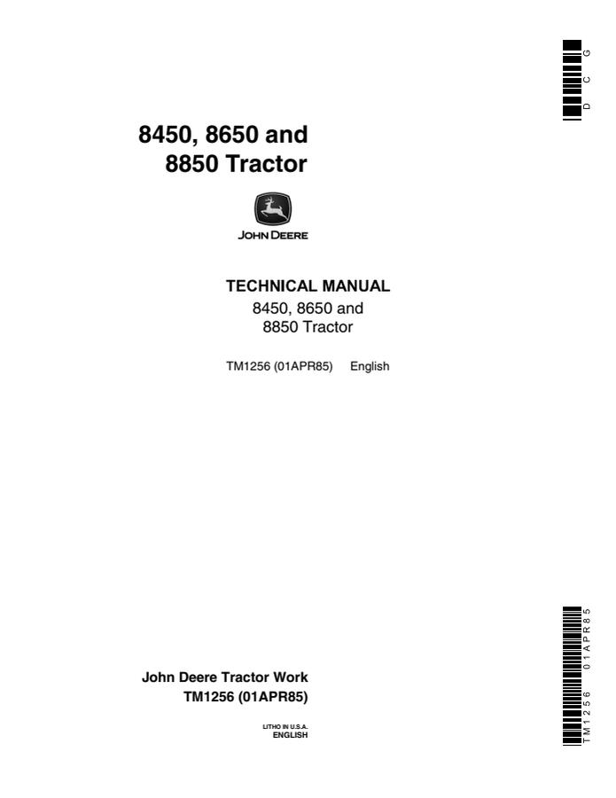 John Deere 8450, 8650, 8850 Tractor Technical Manual TM1256 — actual manual cover