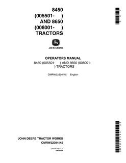 John Deere 8450 and 8650 Tractor Operator manual OMRW22394 — actual manual cover