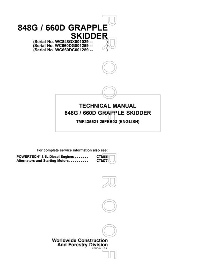 John Deere 848G, 660D Grapple skidder Technical manual TMF435521 — actual manual cover