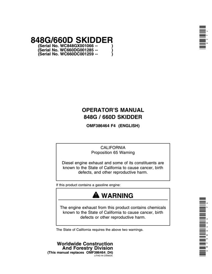 John Deere 848G/660D Skidder Operator manual OMF386464 — actual manual cover