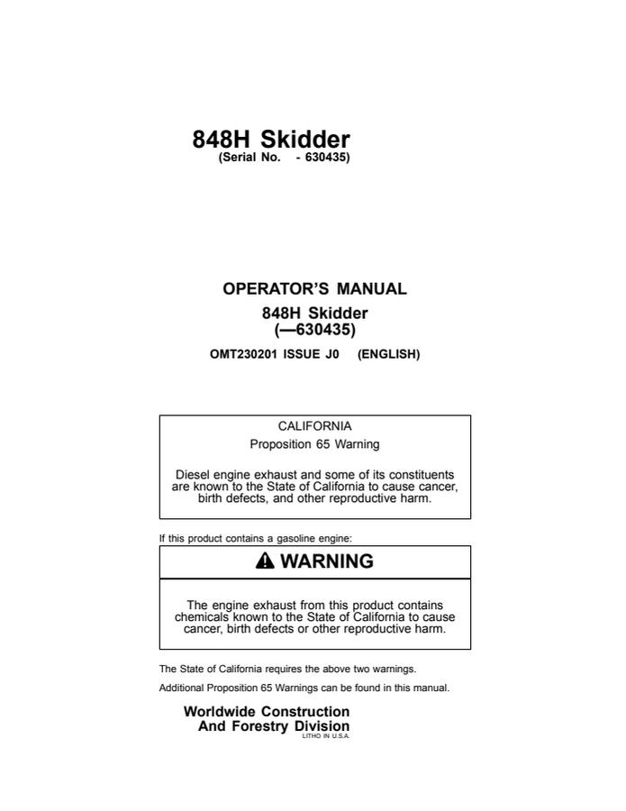 John Deere 848H Skidder Operator manual OMT230201 — actual manual cover