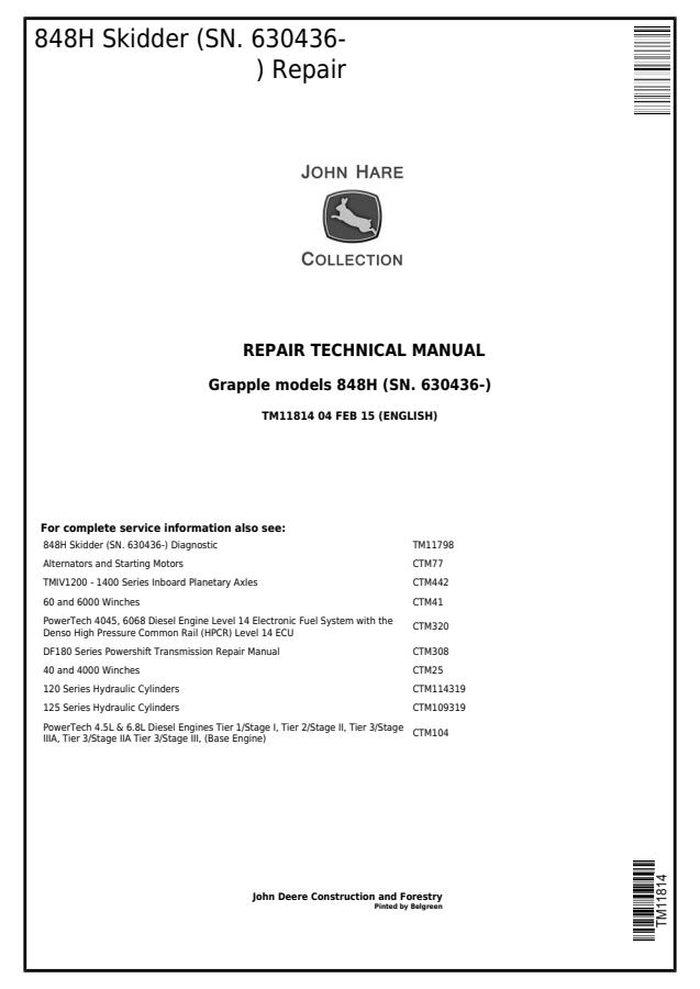 John Deere 848H Skidder Repair Technical Manual TM11814 — actual manual cover
