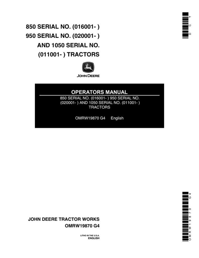 John Deere 850, 950 and 1050 Tractor Operator manual OMRW19870 — actual manual cover