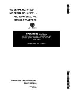 John Deere 850, 950 and 1050 Tractor Operator manual OMRW19870 — actual manual cover