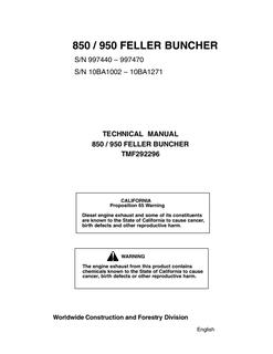 John Deere 850, 950 Feller Buncher Technical Manual TMF292296 — actual manual cover