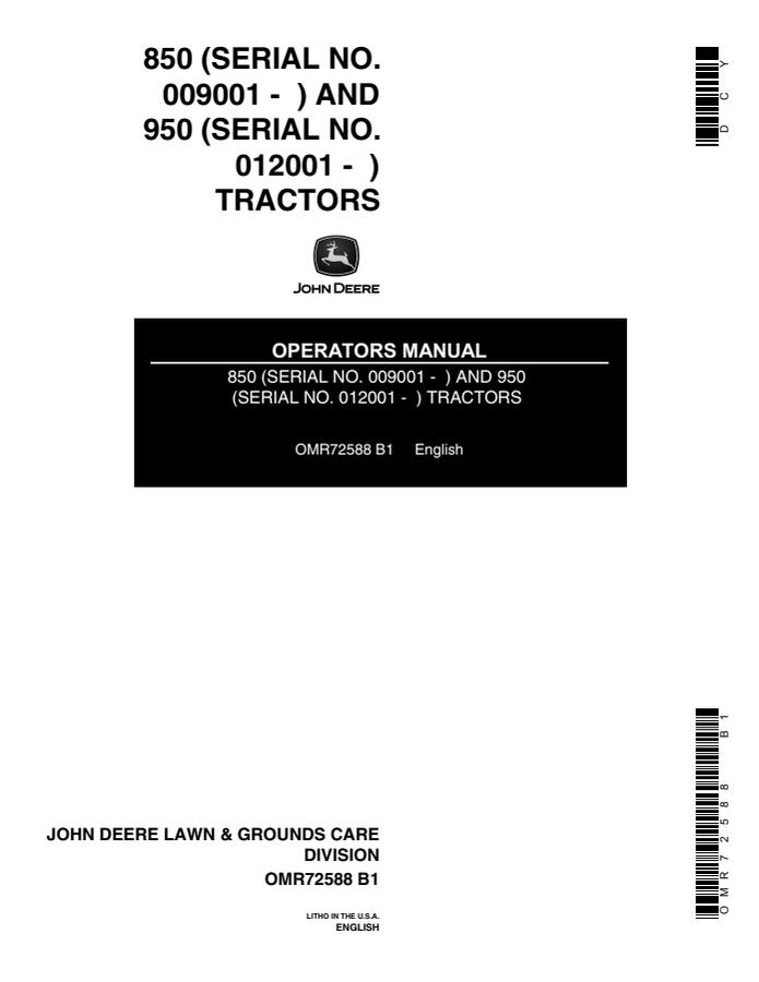 John Deere 850 and 950 Tractor Operator manual OMR72588 — actual manual cover