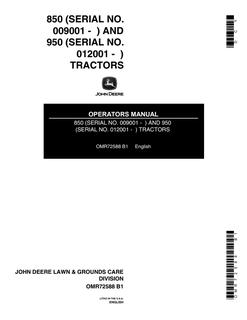 John Deere 850 and 950 Tractor Operator manual OMR72588 — actual manual cover