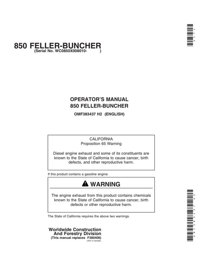 John Deere 850 Feller-buncher Operator manual OMF383437 — actual manual cover