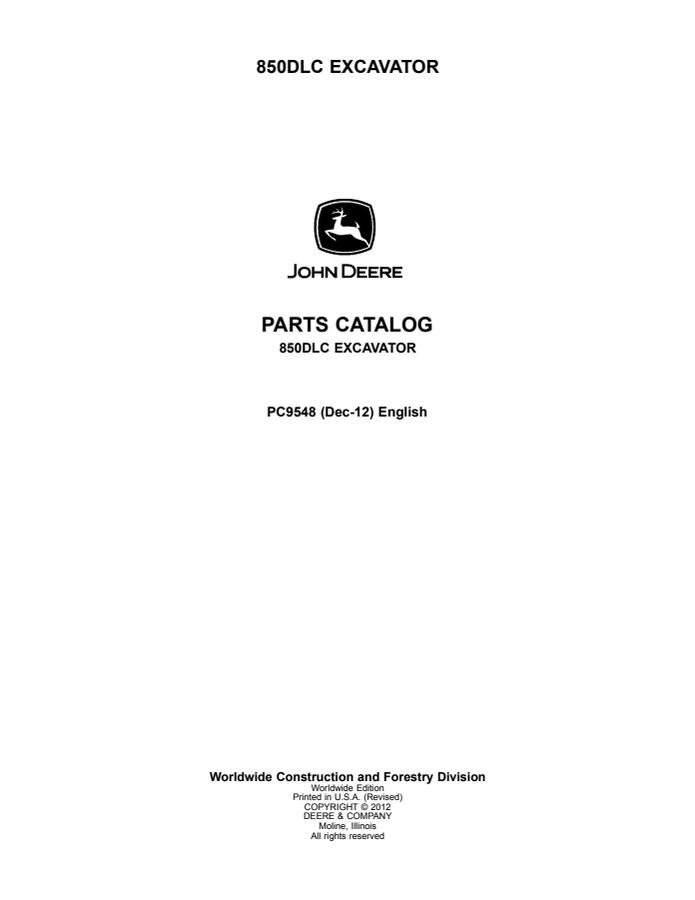 John Deere 850DLC Excavator Parts catalog PC9548 — actual manual cover