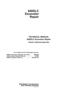 John Deere 850DLC Excavator Repair technical manual TM10011 — actual manual cover