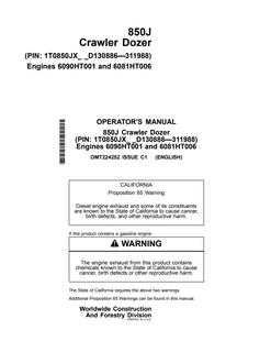 John Deere 850J Crawler dozer Operator manual OMT224252 — actual manual cover