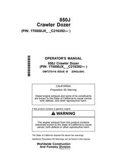 John Deere 850J Crawler dozer Operator manual OMT275118 — actual manual cover