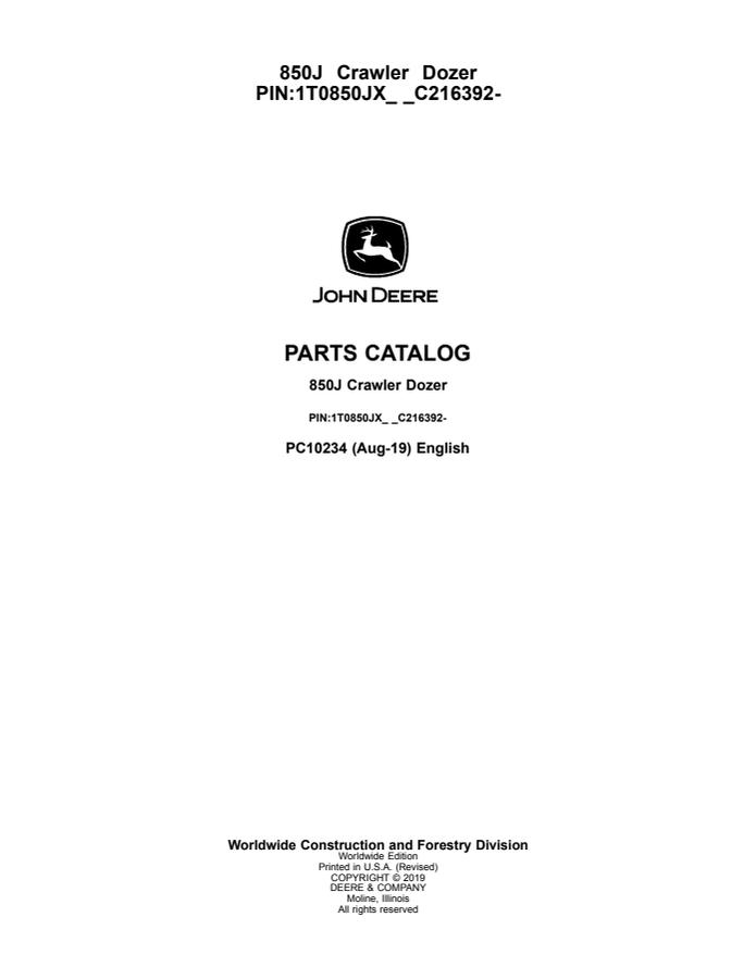 John Deere 850J Crawler Dozer Parts Catalog — actual manual cover