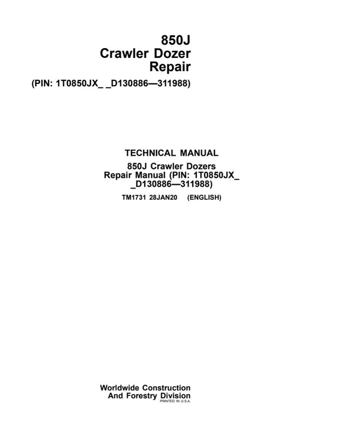 John Deere 850J Crawler Dozer Repair Technical Manual (TM1731) — actual manual cover