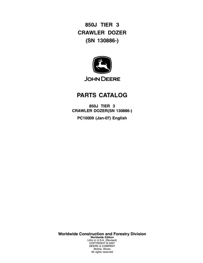 John Deere 850J Tier 3 Crawler dozer Parts catalog PC10009 — actual manual cover