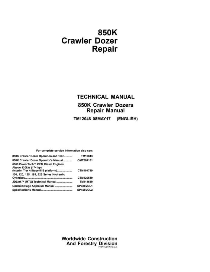 John Deere 850K Crawler Dozer Repair Technical Manual TM12046 — actual manual cover