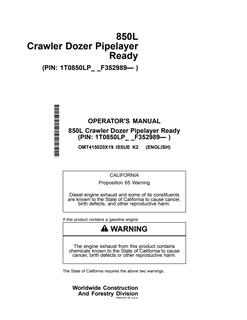 John Deere 850L Pipelayer Ready Crawler dozer pipelayer Operator manual OMT415020X19 — actual manual cover