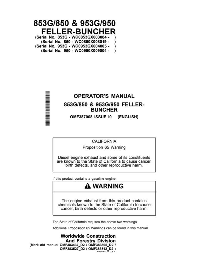 John Deere 853G/850 and 953G/950 Feller buncher Operator manual OMF387068 — actual manual cover