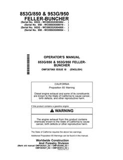 John Deere 853G/850 and 953G/950 Feller buncher Operator manual OMF387068 — actual manual cover