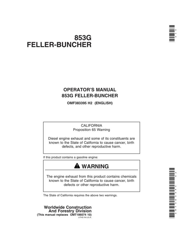 John Deere 853G Feller-buncher Operator's manual OMF383395 — actual manual cover