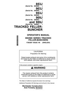 John Deere 853J, 903J, 953J, 909J and 959J Tracked feller buncher Operator manual F392597 — actual manual cover