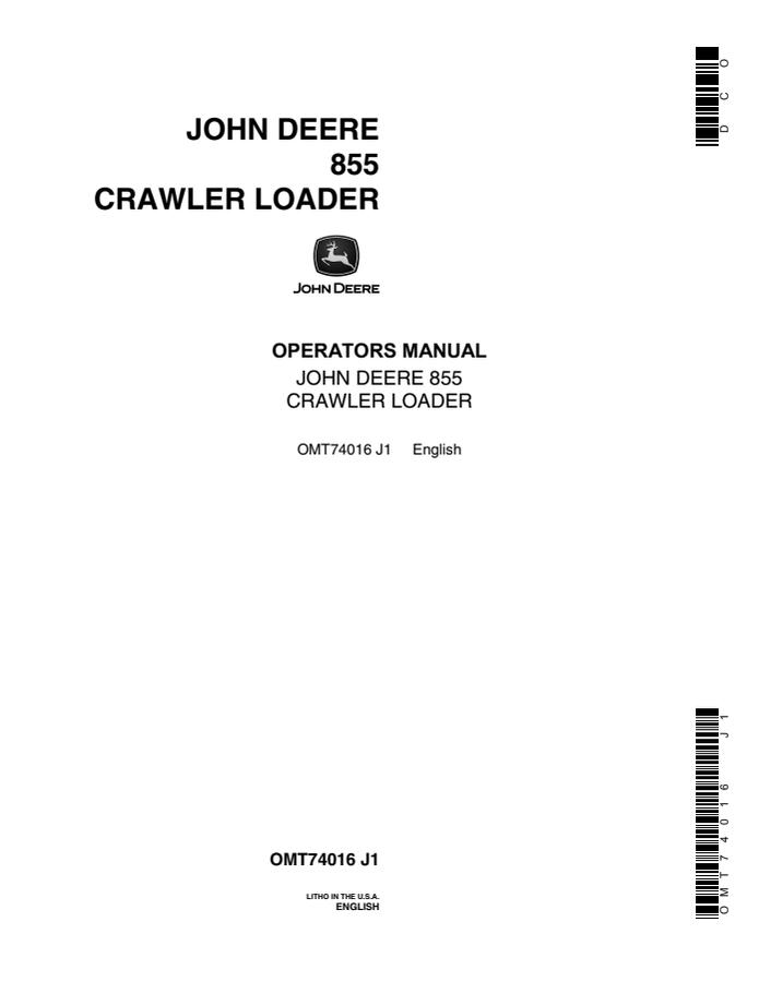 John Deere 855 Crawler loader Operator's manual OMT74016 — actual manual cover
