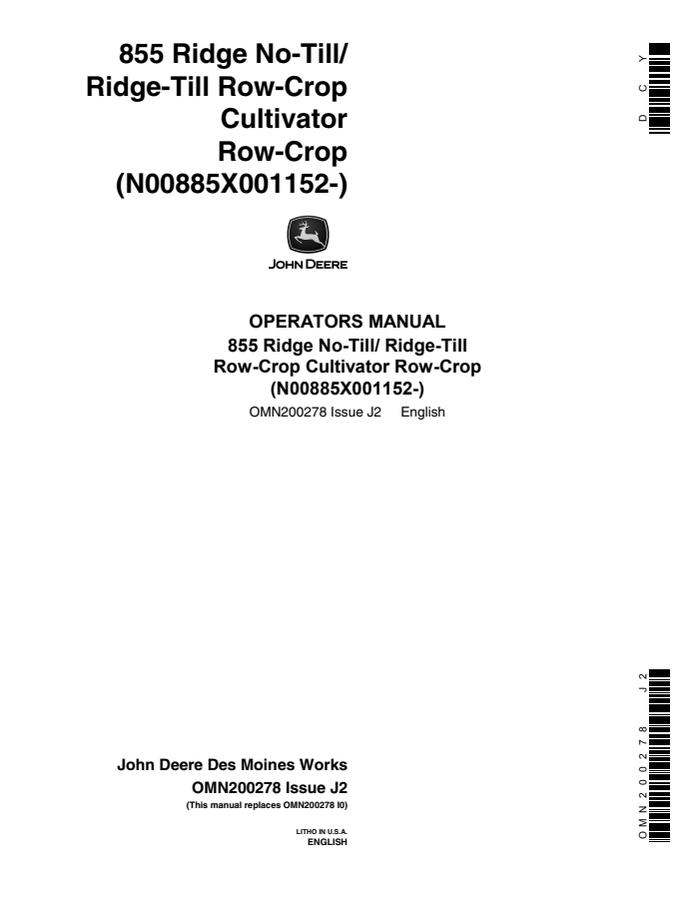 John Deere 855 Cultivator Operator manual OMN200278 — actual manual cover