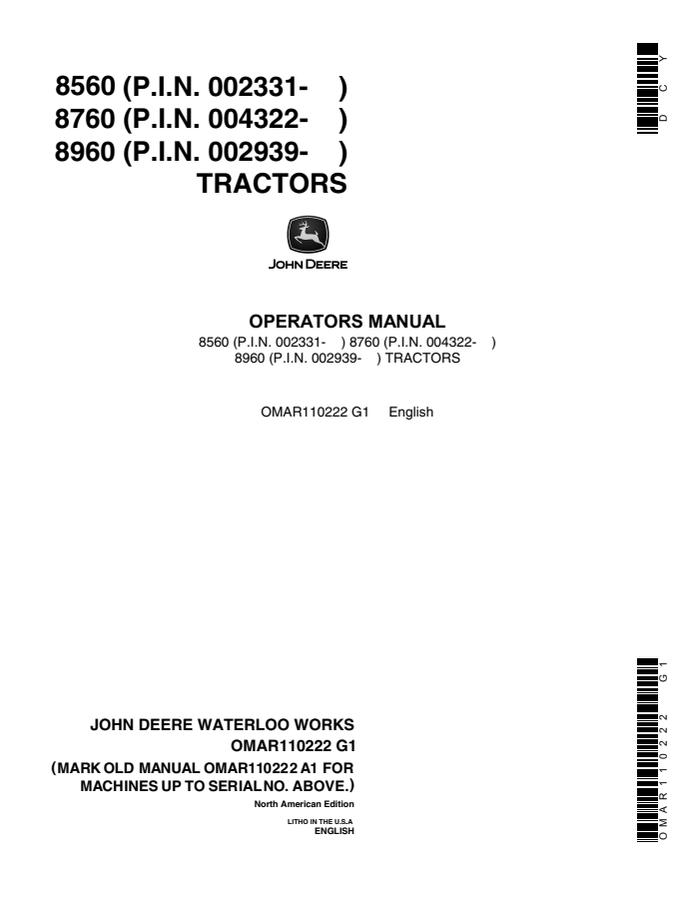 John Deere 8560, 8760, 8960 Agricultural tractor Operator's manual OMAR110222 — actual manual cover