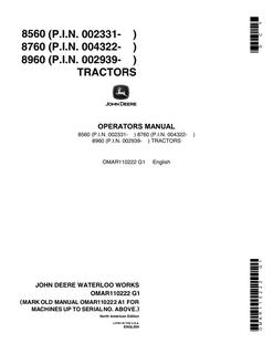 John Deere 8560, 8760, 8960 Agricultural tractor Operator's manual OMAR110222 — actual manual cover