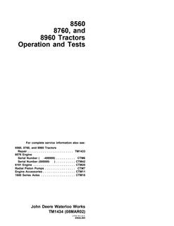 John Deere 8560, 8760, 8960 Tractor Operation and tests manual TM1434 2002-03-08 — actual manual cover