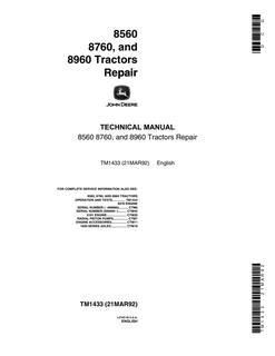 John Deere 8560, 8760, 8960 Tractor Repair Technical Manual TM1433 — actual manual cover
