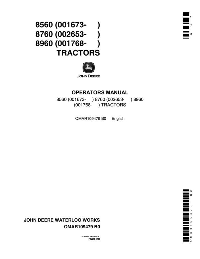 John Deere 8560, 8760 and 8960 Tractor Operator manual OMAR109479 — actual manual cover