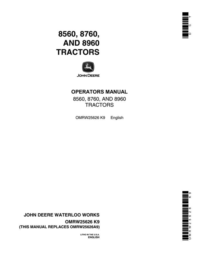 John Deere 8560, 8760 and 8960 Tractor Operator manual OMRW25626 — actual manual cover