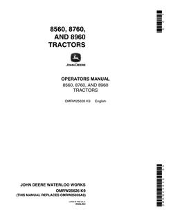 John Deere 8560, 8760 and 8960 Tractor Operator manual OMRW25626 — actual manual cover