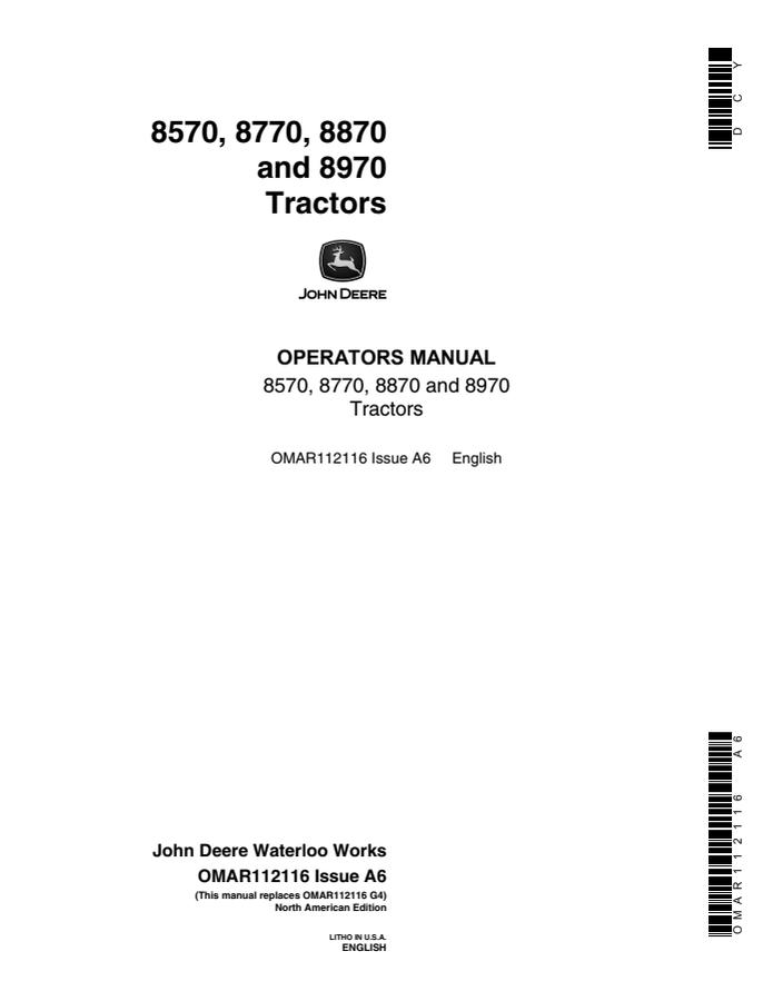 John Deere 8570, 8770, 8870 and 8970 Tractor Operator manual OMAR112116 — actual manual cover
