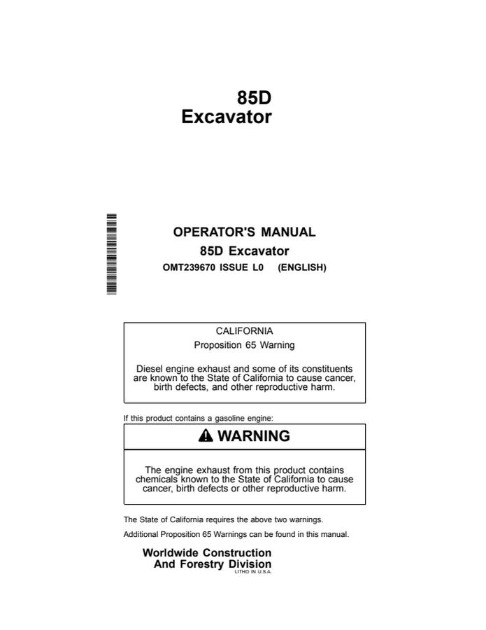 John Deere 85D Excavator Operator manual OMT239670 — actual manual cover