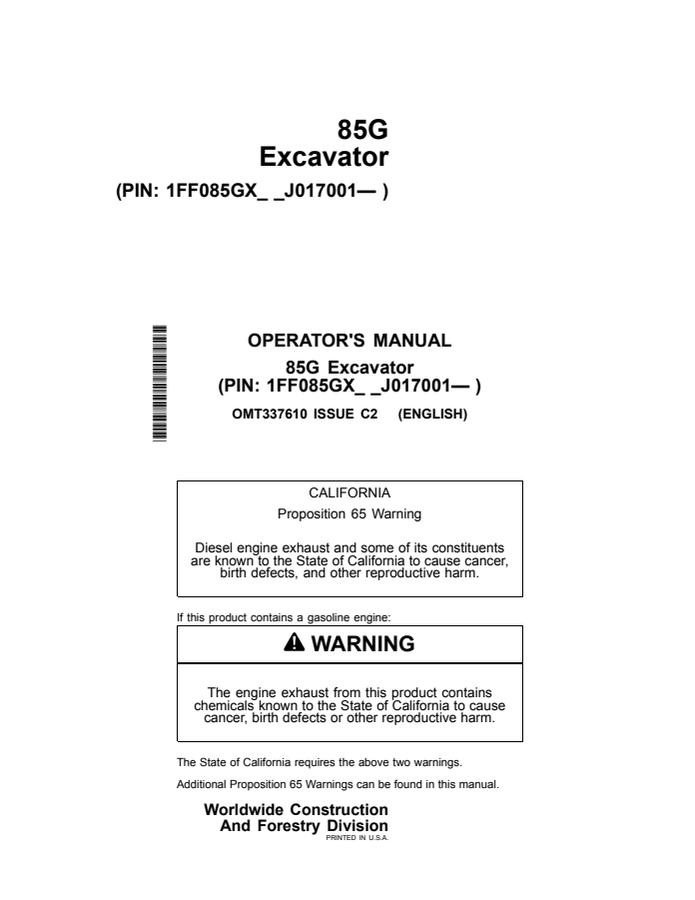 John Deere 85G Excavator Operator manual OMT337610 — actual manual cover