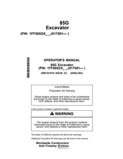 John Deere 85G Excavator Operator manual OMT337610 — actual manual cover