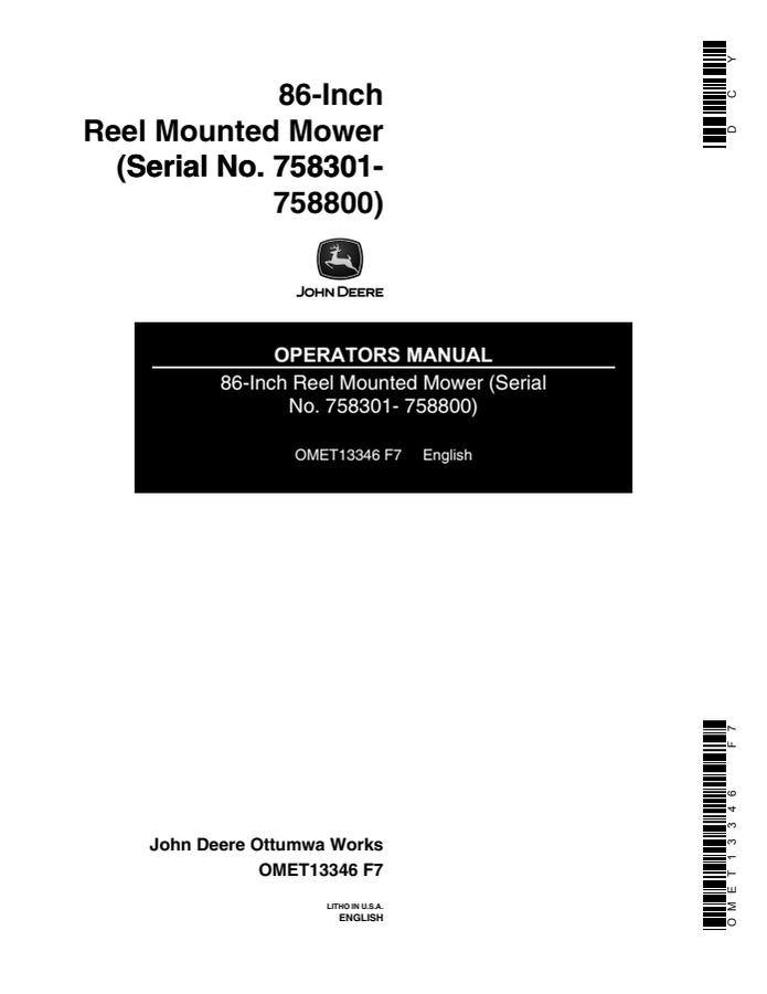 John Deere 86-inch Reel mower Operator manual OMET13346 — actual manual cover