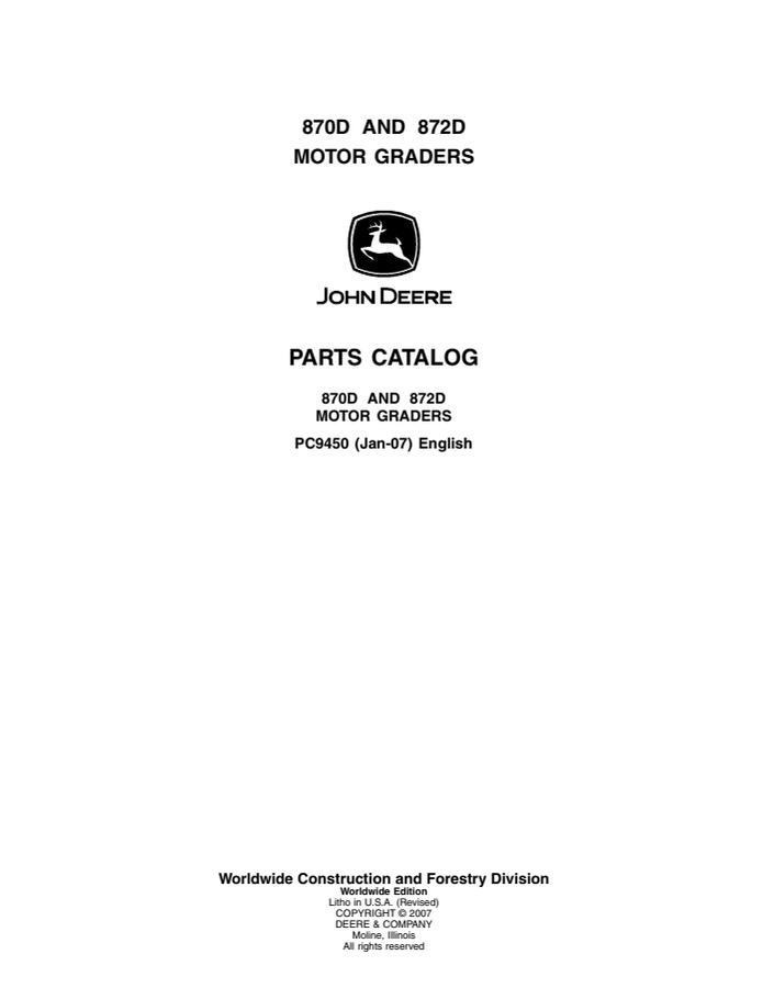 John Deere 870D, 872D Motor grader Parts catalog PC9450 — actual manual cover