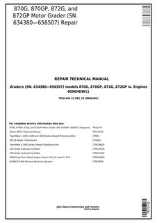 John Deere 870G, 870GP, 872G, 872GP Motor Graders Repair Technical Manual TM12145 — actual manual cover