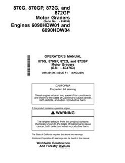 John Deere 870G, 870GP, 872G and 872GP Motor grader Operator manual OMT251546 — actual manual cover